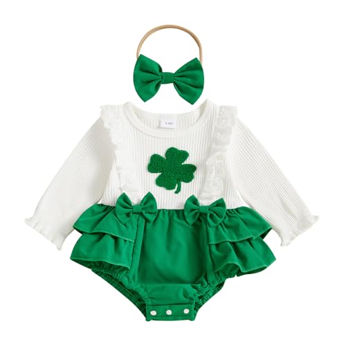BemeyourBBs St Patricks Day Baby Girl Outfit Shamrock Long Sleeve Bubble Romper Jumpsuit Headband Infant Cute Spring Clothes