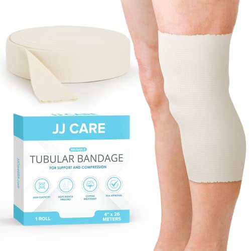 JJ CARE Tubular Bandage, 4” x 28 Yards Stockinette Tubing for Legs and Knees, Size F Reusable Elastic Bandage Sleeve, Tubular Compression Bandage Roll for Ankles and Elbows, Rubber Latex w/Cotton