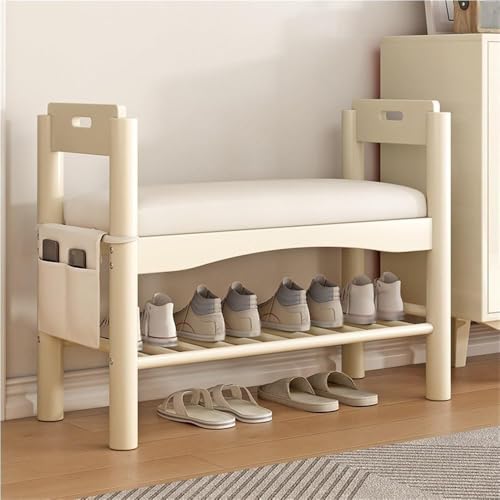 Genérico Banco para Zapatos con Almacenaje, Barandilla Y Asiento Acolchado – Organizador De Madera De 2 Niveles para Entrada(Beige,45X30X64cm)