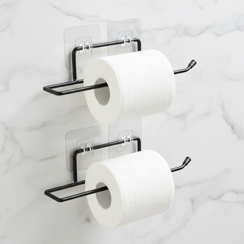 Image of Amazon Basics Self-Adhesive Toilet Paper Holder | Wall-Mounted Bathroom Tissue Roll Hanger | Rust Proof GI Steel with Powder-Coated Black Finish | 24.8L X 5.47W x 4.8H cm, Pack of 2