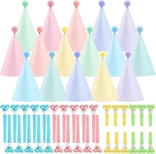48 Pcs Pastel Birthday Party Hats with Noise Makers & Pom Poms,Adorable Rainbow-Themed Paper Hats for Party usage