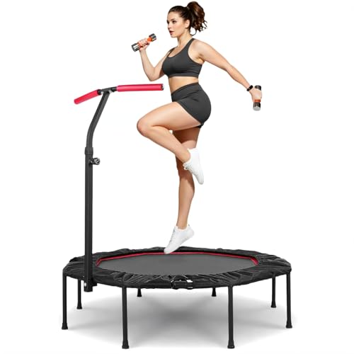 LIFERUN Mini Trampolin Indoor Erwachsene Ø128cm, Fitness Trampoline Klein,Jump Rebounder Workout,Tragfähigkeit 150kg,Stabiler Leise Gummiseilfederung,Höhenverstellbaren Griffen,Zuhause, Rot