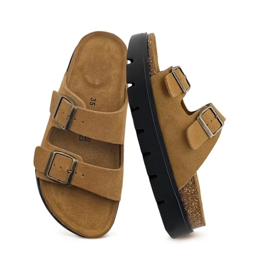 Women's Suede Flat Sandals,Arch Support Slides with Adjustable Buckle Straps,Memory Foam Insole & Cork Footbed Platform Heel Slide for women,Casual Su