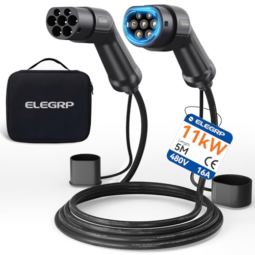 ELEGRP Câble de charge de type 2, 11 kW, 5 m, 16 A, triphasé, type 2 vers type 2, mode 3, pour voiture électrique EV/PHEV avec sac de transport, convient pour modèle S/3/X/Y, VW ID.3 ID.4 e-Golf et
