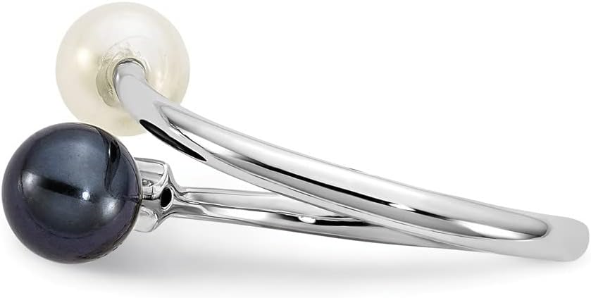 Diamond2Deal 14k White Gold 5-6mm Round Black and White Saltwater Akoya Pearl Diamond Adjustable Ring Size-7