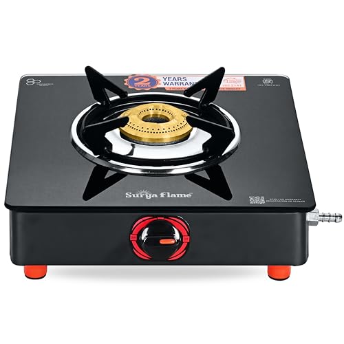 Surya Flame LPG Gas Stove Single Burner Glass Top with Brass Burn...