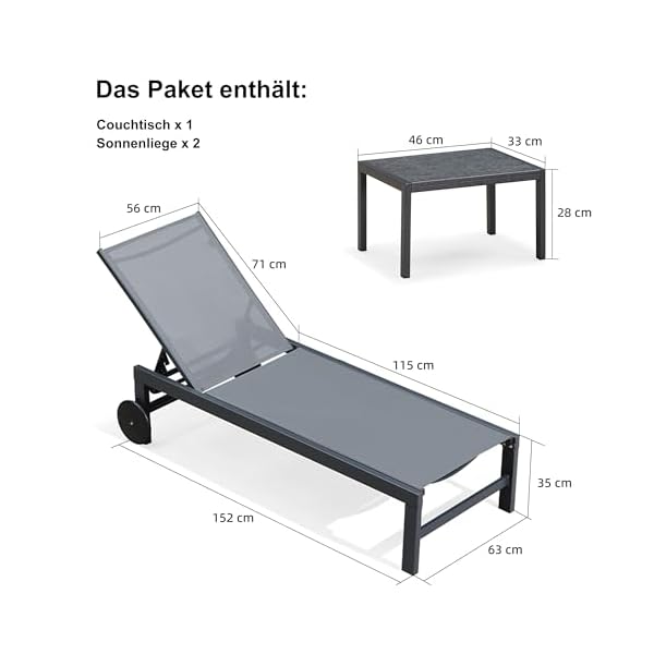PURPLE LEAF Sonnenliegen 2er Set mit Tisch, Grau