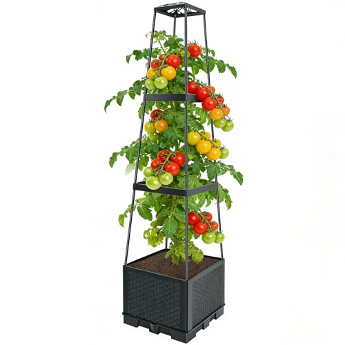 Raised Garden Bed with Trellis, Self-Watering Tomato Planter Boxes 44.8Inch Height Adjustable Gardening Trellis Detachable Tomato Cage for for Climbing Plants, Vegetables, Flowers (1pcs)