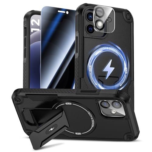 Goton for iPhone 12 Case with Privacy Tempered Glass Screen Protector & Camera Lens Protector, Compatible with MagSafe, Invisible Kickstand, Shockproof Phone Cover, Black