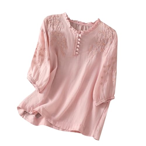 Elegante Camisa Lino Mujer,Algodón y Lino Manga 3/4 Camiseta Mujer de Cuello en Redondo con Botón Moda Color Puros Bordado Camisa Mujer en Multicolor Informal Blusa Mujer Primavera Verano