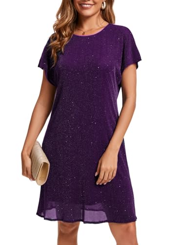 Image of Women's Crewneck Sequin Shift Dress Short Sleeve Casual Holiday Sparkly Party Dress