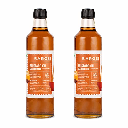 Image of Barosi Kachi Ghani Mustard Oil 1.5 Litre (Combo of 2 * 750ml) | Pure & Natural Cold Pressed Mustard Oil (Sarso Tel) | Traditionally Extracted from Wooden Crusher | Glass Bottle Packaging