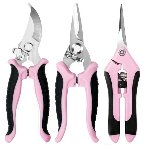 3 Pack Garden Pruning Shears, Stainless Steel Shears, Gardening Shears, Scissors, Garden Clippers, Pruning Snips, Pruning Shears for Gardening Tools (Pink)