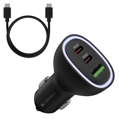 Zebronics 78W Car Charger with Multi-Output - Dual Type-C (30W+30W) & 1 USB (18W), PPS Tech, Rapid Charging, 1m Type-C 60W Cable, Compact, for Smartphones, iPhones, Tablets, Earbuds (CC78)