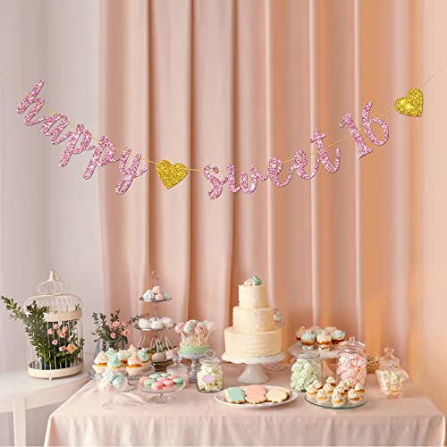 Happy Sweet 16 Banner – Pink Glitter Sweet Sixteen Sign -16Th Birthday Banner Decorations - Milestone Happy Birthday Decorations #TOP5