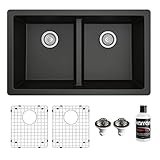 Karran QU-810 32" Undermount Double Equal Bowl Quartz Kitchen Sink Kit in Black