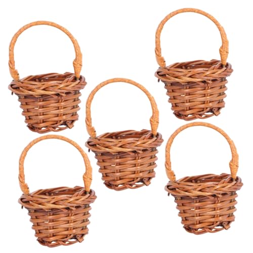 POPETPOP 5 Cestas Miniatura de Ratán y Paja Mini Cestas Tejidas para Flores y Manualidades Decoración Rústica para Hogar Bodas y Jardín Color Café