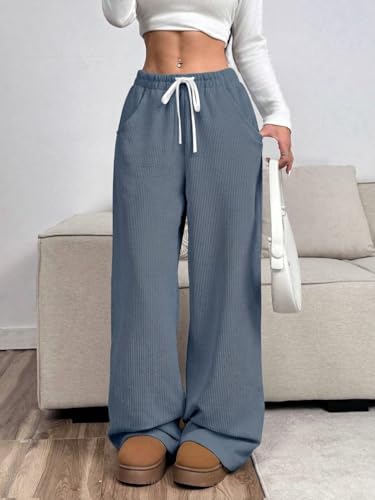 Image of Women's Trendy Korean Trouser with Pockets, Casual Corduroy Stretchable Baggy Loose || High Rise Elastic Waist Going Out Lounge Pants || Wide Leg Pants for Woman