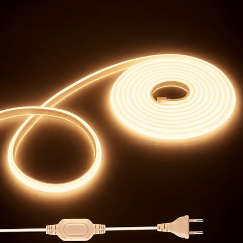 Shengruili 6M COB LED Streifen,Hohe Dichte LED Strip Lights mit Netzteil,220V Streifen Warmweiß 3000K,Wasserdicht Diffusion Flex streifen für Heim Dekoration, Küche, Spiegel,Ersatzteile
