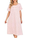 Bloggerlove 100% cotton nightgowns for women Sleeping Gown Short Sleeve Night Dress Button Down House Coat Lightweight Nightwear Sleep Wear Ladies Granny Nightgown Pink M