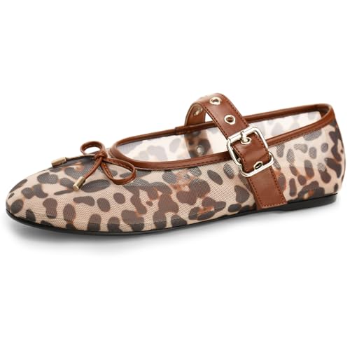 Image of Gothictor Women's Mesh Ballet Flats Round Toe Leopard Mary Jane Shoes Women | Cushioned Comfort, Easy to Style, Buckle Strap, Cheetah Print, Ballerina, Breathable, Lightweight, Dressy Casual, Non-Slip