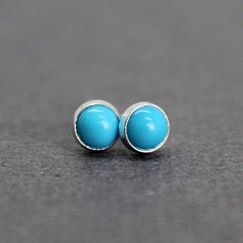 Turquoise Gemstone Stud Earrings For Women And Girls, 4Mm Round Bezel 925 Sterling Silver #TOP2