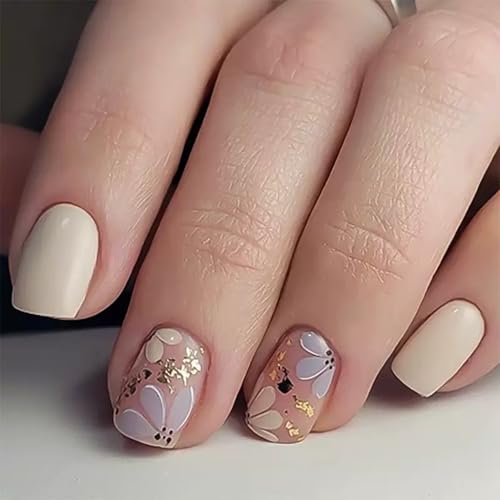 Short Press on Nails Square Fake Nails Flower False Nails with Go...