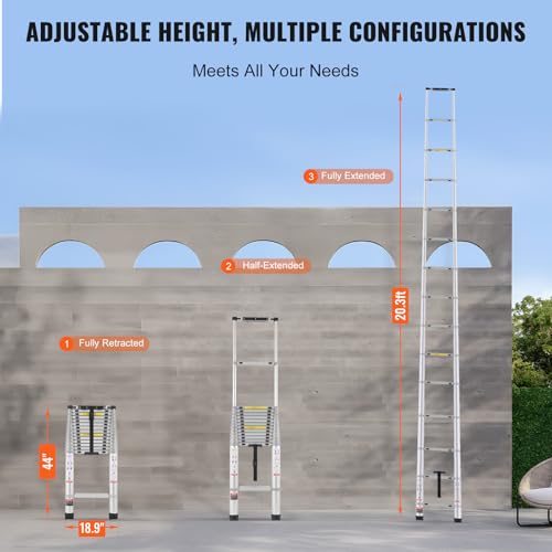 VEVOR Teleskopleiter, 6,2 m leichte Ausziehleiter aus Aluminium, Klappleiter mit Mehrfach-Einzug, Tragkraft 190 kg mit rutschfesten Sprossen, tragbare Kompaktleiter für Zuhause, Wohnmobil, Dachboden