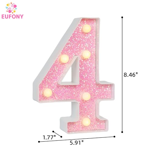 Image of Pink Glitter Marquee Light Up Numbers, LED Number Lights Battery Operated for Girls 4th 14th Pink Birthday Party Table Decorations, Wall Decor for Girls Bedroom, Number 4 Sign Warm White Lights