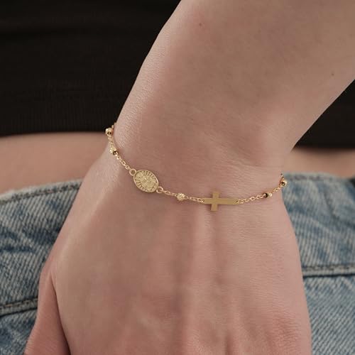 Image of MIONZA Catholic Medal Cross Bracelet for Women | 14K Gold Plated or Solid Gold, Religious Rosary Jewelry, Choose Your Saint Medal Bracelet