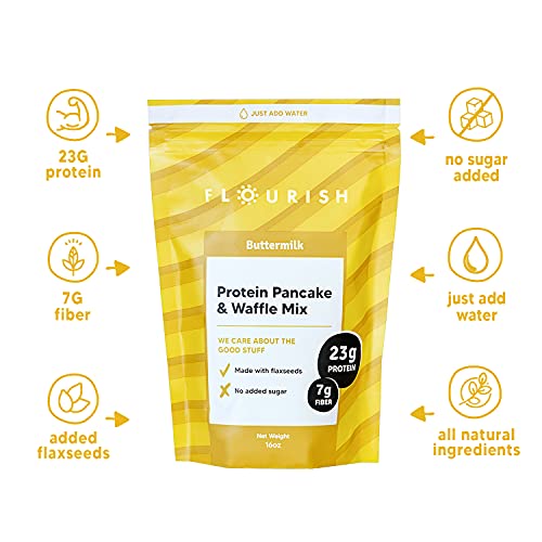Flourish Buttermilk Protein Pancake & Waffle Mix, Whey Protein Isolate & Flax Seed, Non-Gmo, No Added Sugar, Superfood, High Protein & Fiber, Just Add Water - 16Oz #TOP2