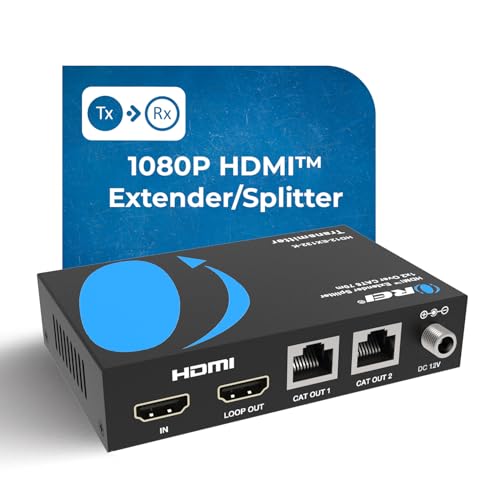 Image of Orei 1X2 Hdmi Extender Splitter Over Single Cable Cat6 7 1080P with Ir Remote Edid Management Up to 132 Ft Loop Out Low Latency 1x2 HDMI Extender - 132 FT Black