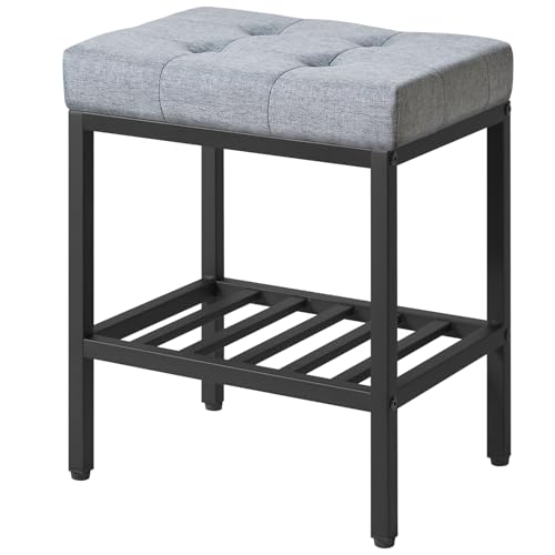 IBUYKE Stuoia per trucco rettangolare con piedi regolabili e spazio di archiviazione, sgabello poggiapiedi, sgabello da toeletta in lino, multiuso come piccolo tavolino o ottomano, blu grigio WBD017L
