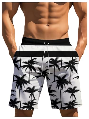 Men's Tropical Print Color Block Drawstring Beach Shorts Quick Dry Straight Leg Swim Trunks with Pocket