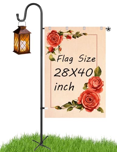 LOPANNY Large Garden Flag Holder Stand Pole for 28 x 40 Flags with Shepherds Hooks for Outdoor - Upgraded Sturdy 60 Inches Yard Flag Post Stake Perfect for Outdoor Decor(without Solar Lights & Flag)