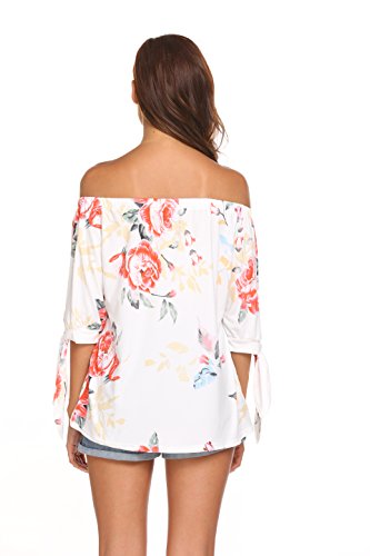 Qearal Women's Floral Printed Long Sleeve Off Shoulder Casual Tops T-Shirt (White, S)