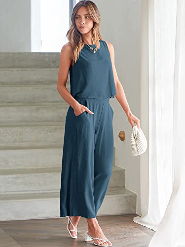 Image of ANRABESS Women's Summer 2 Piece Outfits Sleeveless Tank Crop Button Back Top Cropped Wide Leg Pants Set Pockets