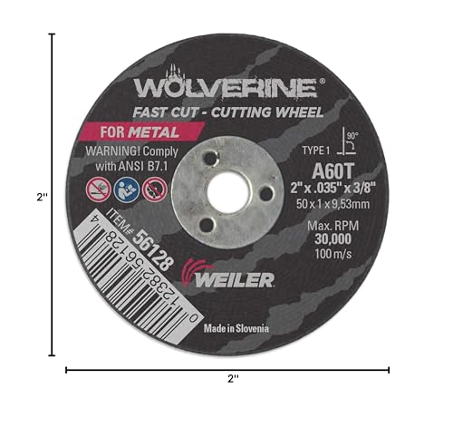 Image of Weiler 56128 2-Inch Cutting Wheel, Wolverine AO Steel /Metal Fast Cut, Value Cutting, 0.035 inch A60T Type 1 3 /8 inch Arbor (Pack of 100)
