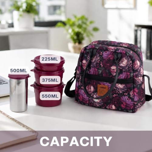 Image of CELLO Bella Lunch Box with Bag for Office Use, Maroon | 225ml, 375ml, 550ml Microwave & Oven Safe Containers with 500ml Tumbler, Airtight Snap Lock Leak Proof Insulated Tiffin Box for College & Travel