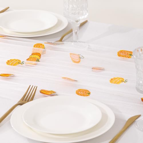 Image of Pumpkin Embroidery Fall Table Runner White Sheer Tulle Table Runner, 3PC