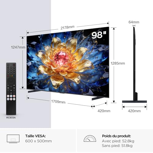 TCL 98T8D 98 pouces 4K HDR Ultra HD QD Mini LED TV Smart Google TV - vue 3