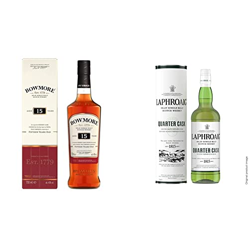 Bowmore 15 ans Islay Single Malt Scotch avec étui, Whisky Écossais 43% - 70cl & Laphroaig Quarter Cask Islay Single Malt Scotch Whisky avec étui, Whisky Écossais 48% - 70cl