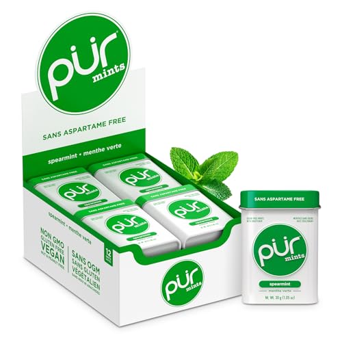 Pur Gum - PUR Mints | Aspartame Free Mints | Made with Xylitol | Sugar Free, Vegan, Gluten Free & Keto Friendly | Natural Spearmint Flavoured Mints, 30 Pieces (Pack of 12)