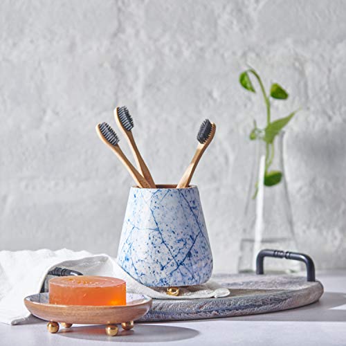 Folkulture Toothbrush Holder For Bathroom, Tooth Brushing Holder For Bathrooms, Modern Wooden Holder For Tooth Brushes And Toothpaste, Acacia Wood, 4 X 3 Inches, Blue Print #TOP5