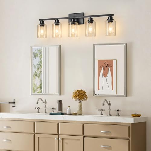 Image of Ascher 5-Light Bathroom Light Fixtures, 33 Inch Vanity Lights with Clear Glass Shade, Modern Black Finish Wall Light for Mirror Bedroom Hallway Cabinet Porch