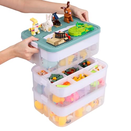 BOXOB Organizador Almacenamiento Juguetes para Lego, 3 Capas Apilable Contenedor Bloques Construcción Compartimentado Clasificador Rompecabezas Ladrillos Caja Clasificadora de Juguetes (Verde Oliva)