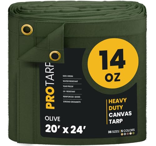 PROTARP Heavy Duty 14 OZ Water Resistant Canvas Tarp, UV Resistant Tarpaulin Cover with Rustproof Brass Grommets, Multipurpose for Canopy, Roof, Camping, Woodpile (Olive 20'X24')
