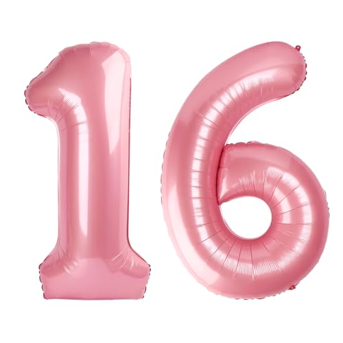 Image of 16 Balloon 40 inch Pearl Pink Number Balloons for 16 61 Birthday Decoration | Saturated Color, Large 40 in, With Straw & Hanging Hole, For Back-to-School Season, Wedding, Christmas, New Year, Anniversary