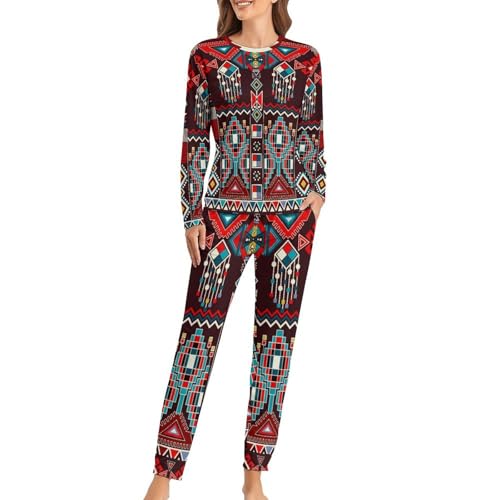 Ensemble pyjama femme anti-frisson avec t-shirt manches longues et pantalon géométrique souple