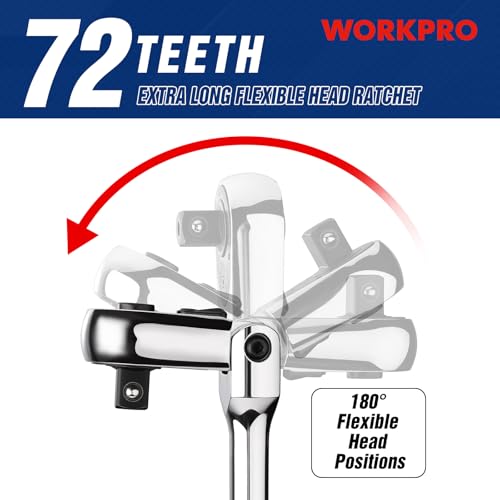 Image of WORKPRO 1 /2 inch Drive Extra Long Flex Head Ratchet, 24 Inch Long CR-V Steel Ratchet Handle with Chromium Plating, CR-MO Head, Quick Release Reversible Design, 72-Tooth